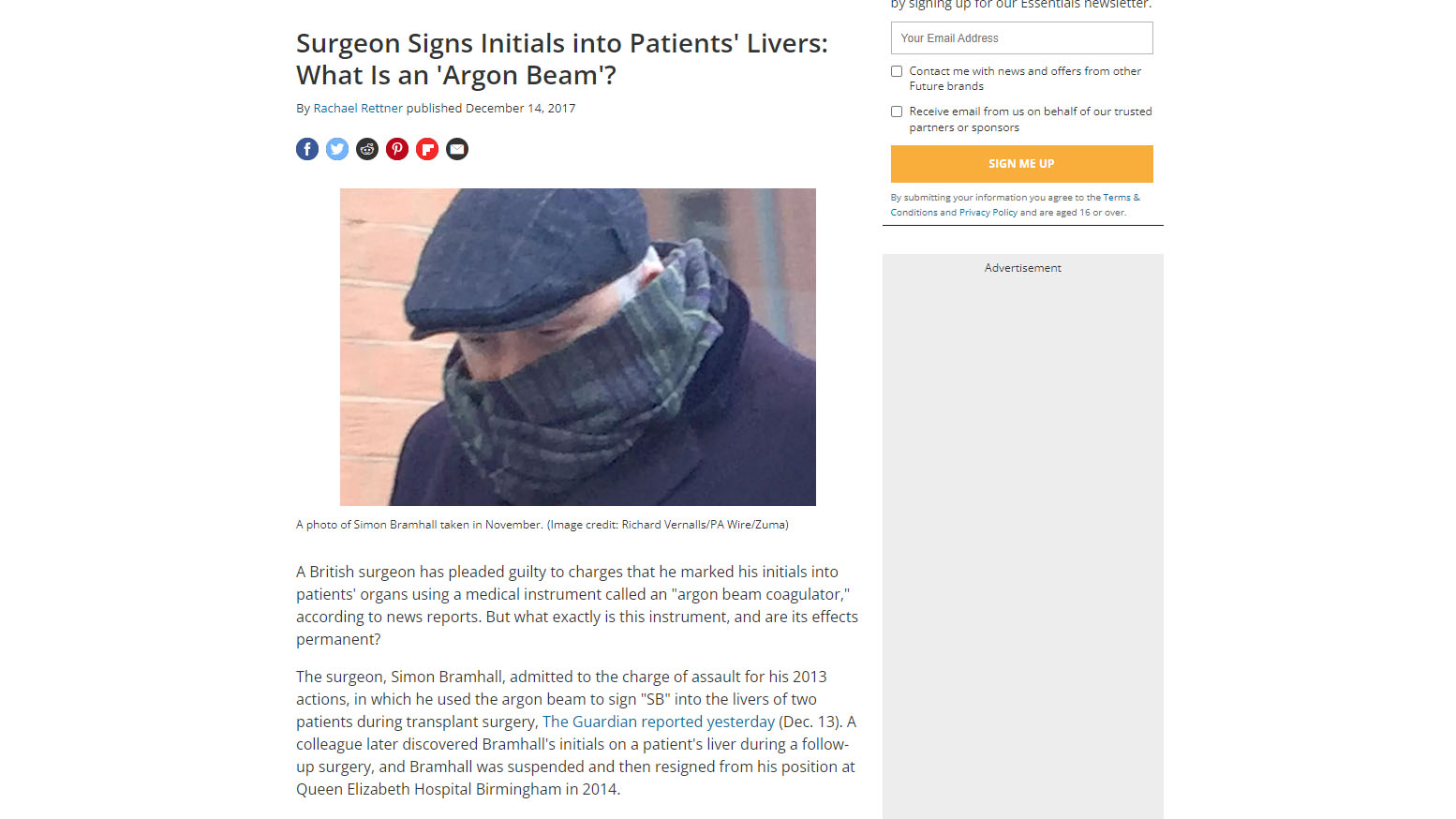 screenshot of the article titled: Live Science – Surgeon Signs Initials into Patients’ Livers: What Is an ‘Argon Beam’?