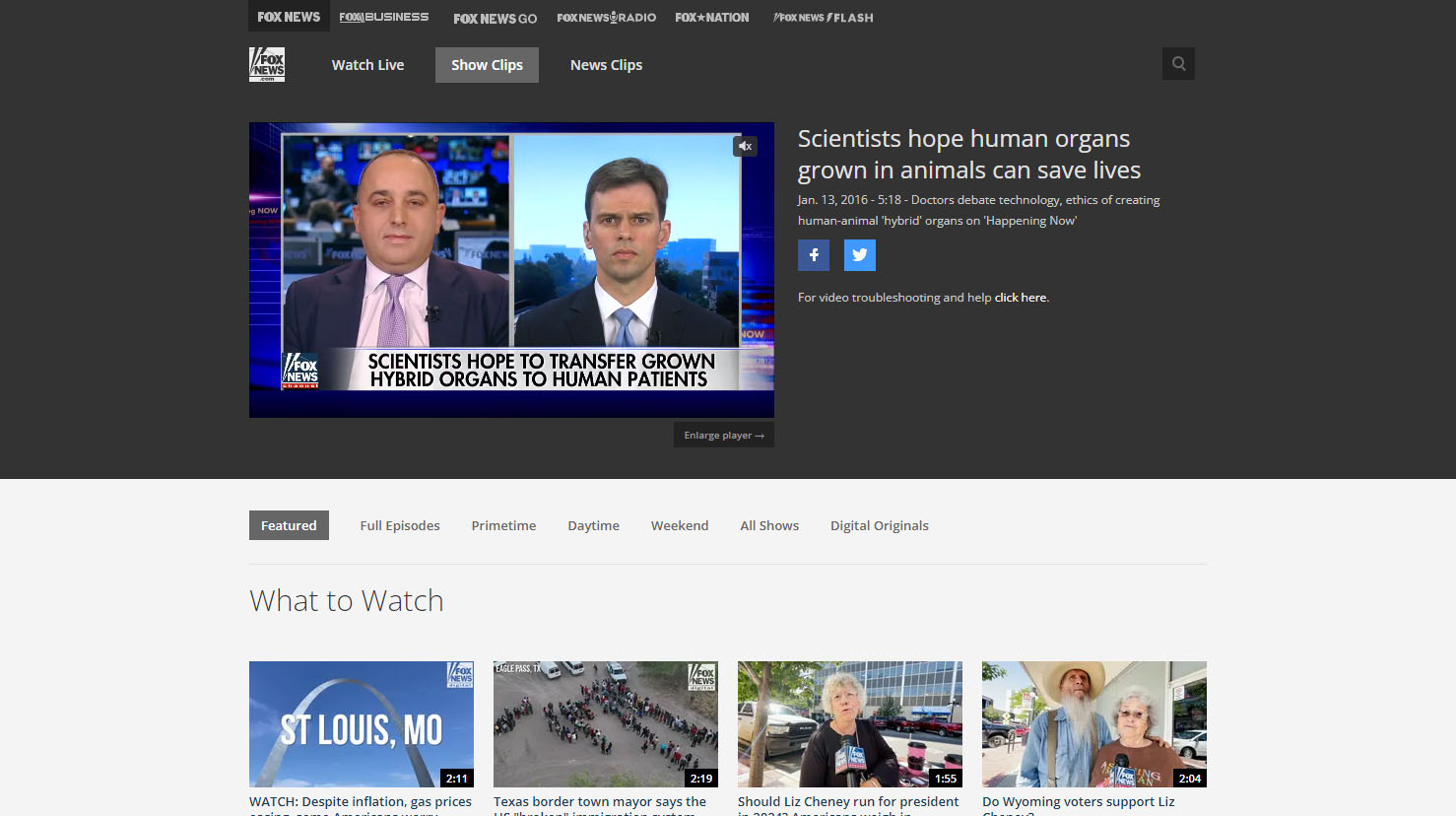 screenshot of the article titled: Fox News – Scientists hope human organs grown in animals can save lives
