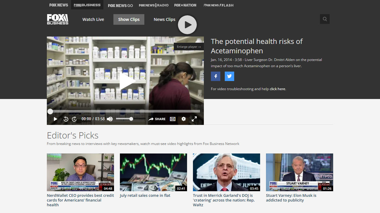 screenshot of the article titled: Fox News – The potential health risks of Acetaminophen
