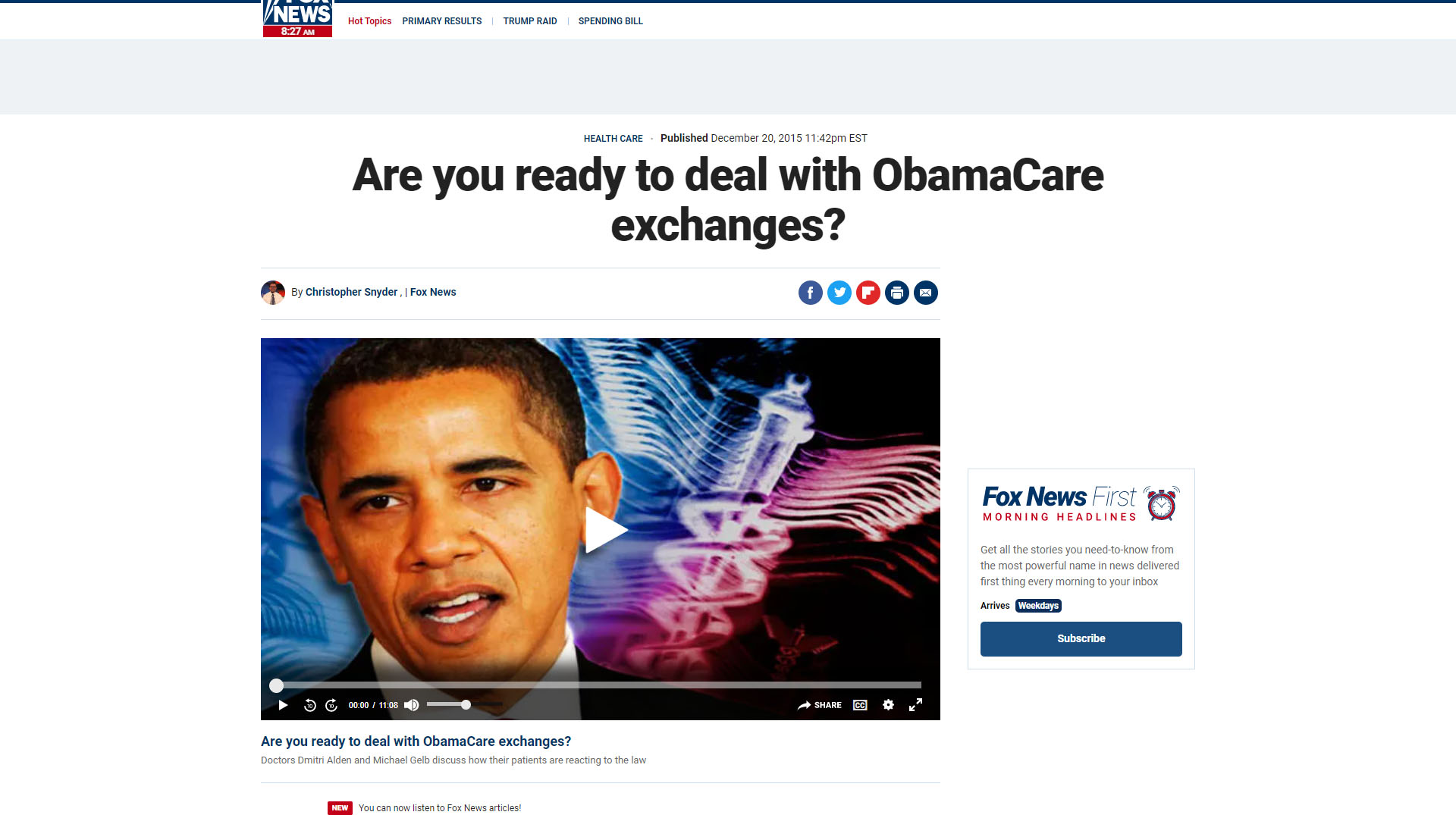 screenshot of the article titled: Fox News – Are you ready to deal with ObamaCare exchanges?
