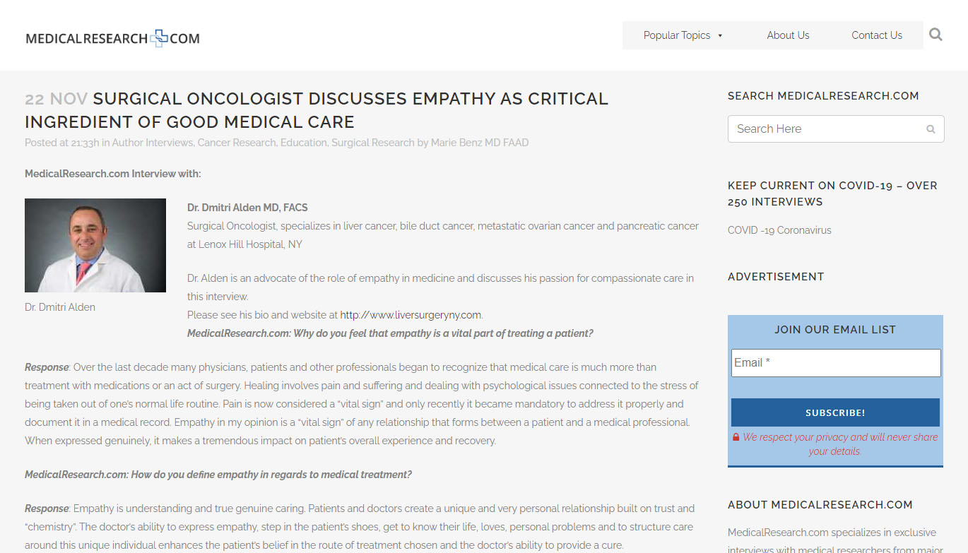 screenshot of the article titled: Surgical Oncologist Discusses Empathy as Critical Ingredient of Good Medical Care