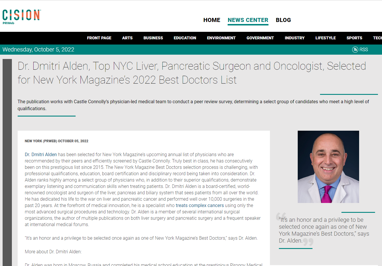 screenshot of the article titled: Dr. Dmitri Alden, Top NYC Liver, Pancreatic Surgeon and Oncologist, Selected for New York Magazine’s 2022 Best Doctors List