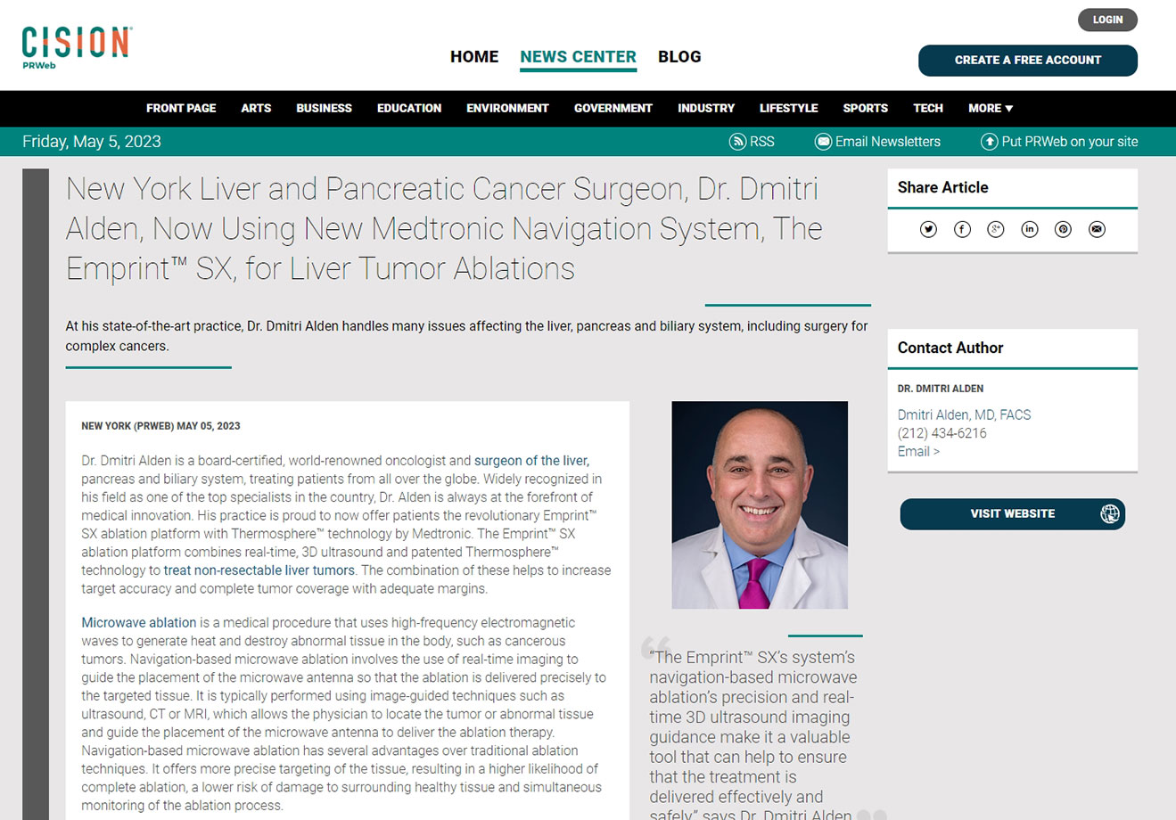 screenshot of the article titled: New York Liver and Pancreatic Cancer Surgeon, Dr. Dmitri Alden, Now Using New Medtronic Navigation System, The Emprint™ SX, for Liver Tumor Ablations