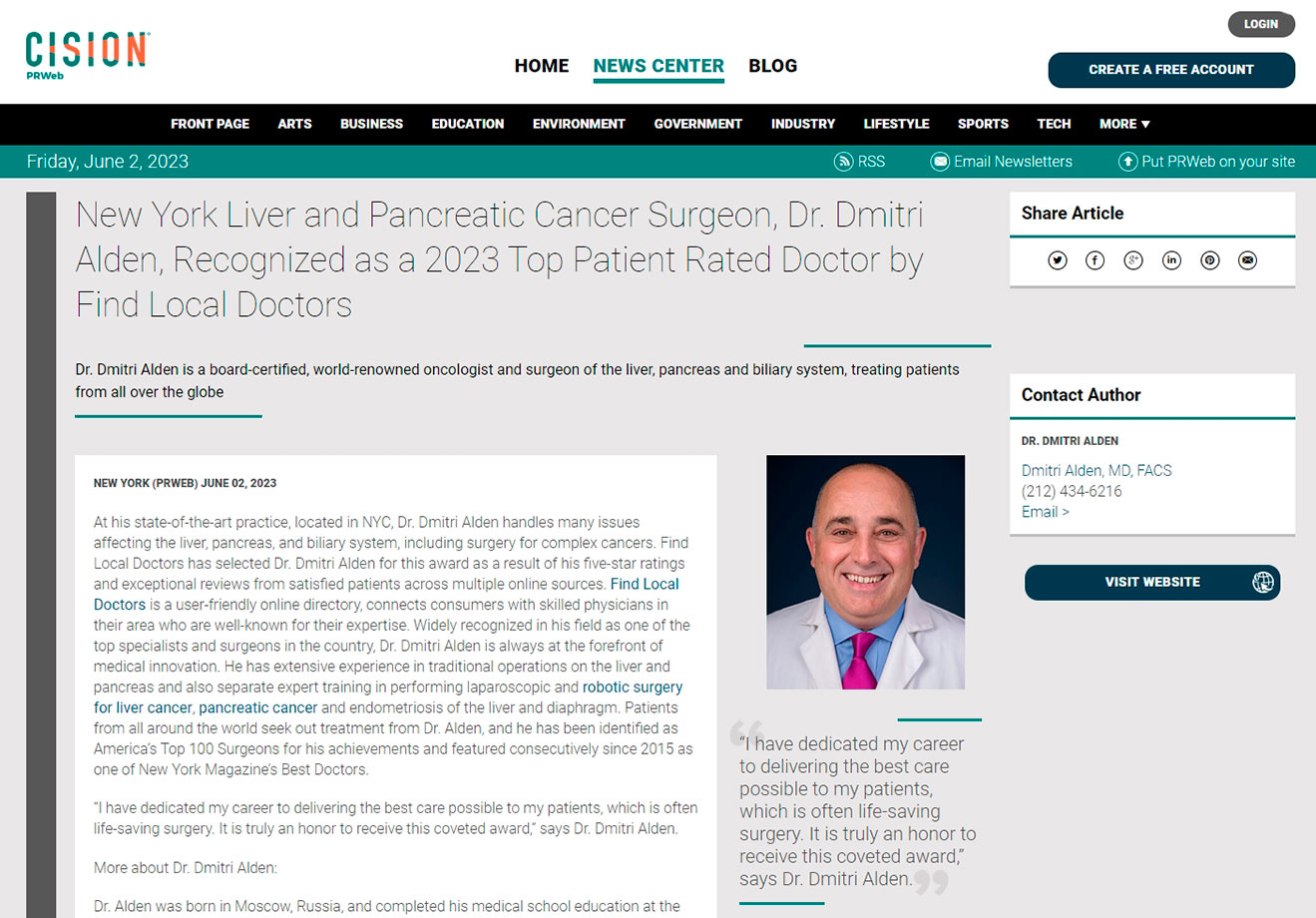 screenshot of the article titled: New York Liver and Pancreatic Cancer Surgeon, Dr. Dmitri Alden, Recognized as a 2023 Top Patient Rated Doctor by Find Local Doctors