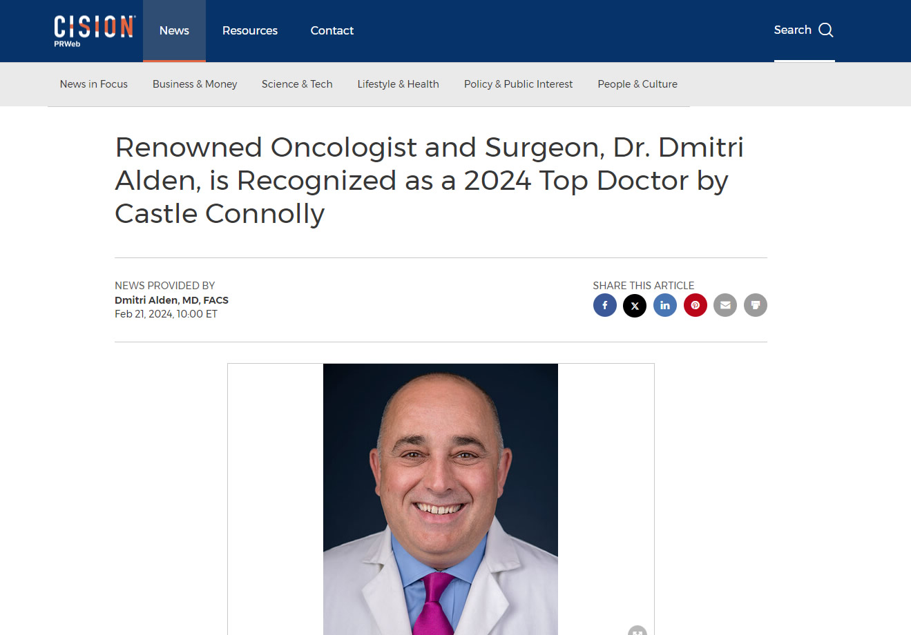 screenshot of the article titled: Renowned Oncologist and Surgeon, Dr. Dmitri Alden, is Recognized as a 2024 Top Doctor by Castle Connolly