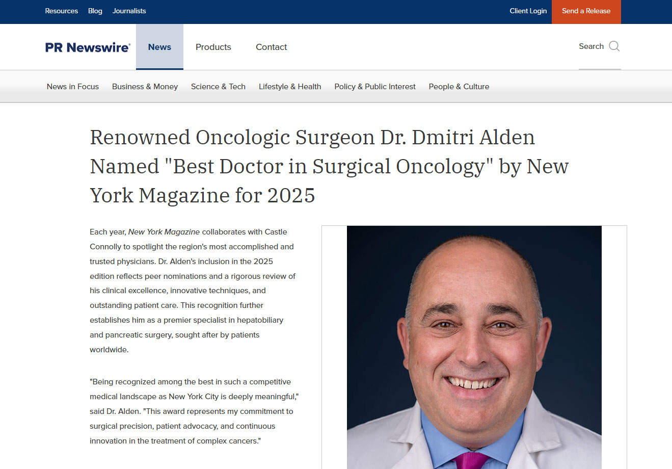 screenshot of the article titled: Renowned Oncologic Surgeon Dr. Dmitri Alden Named 
