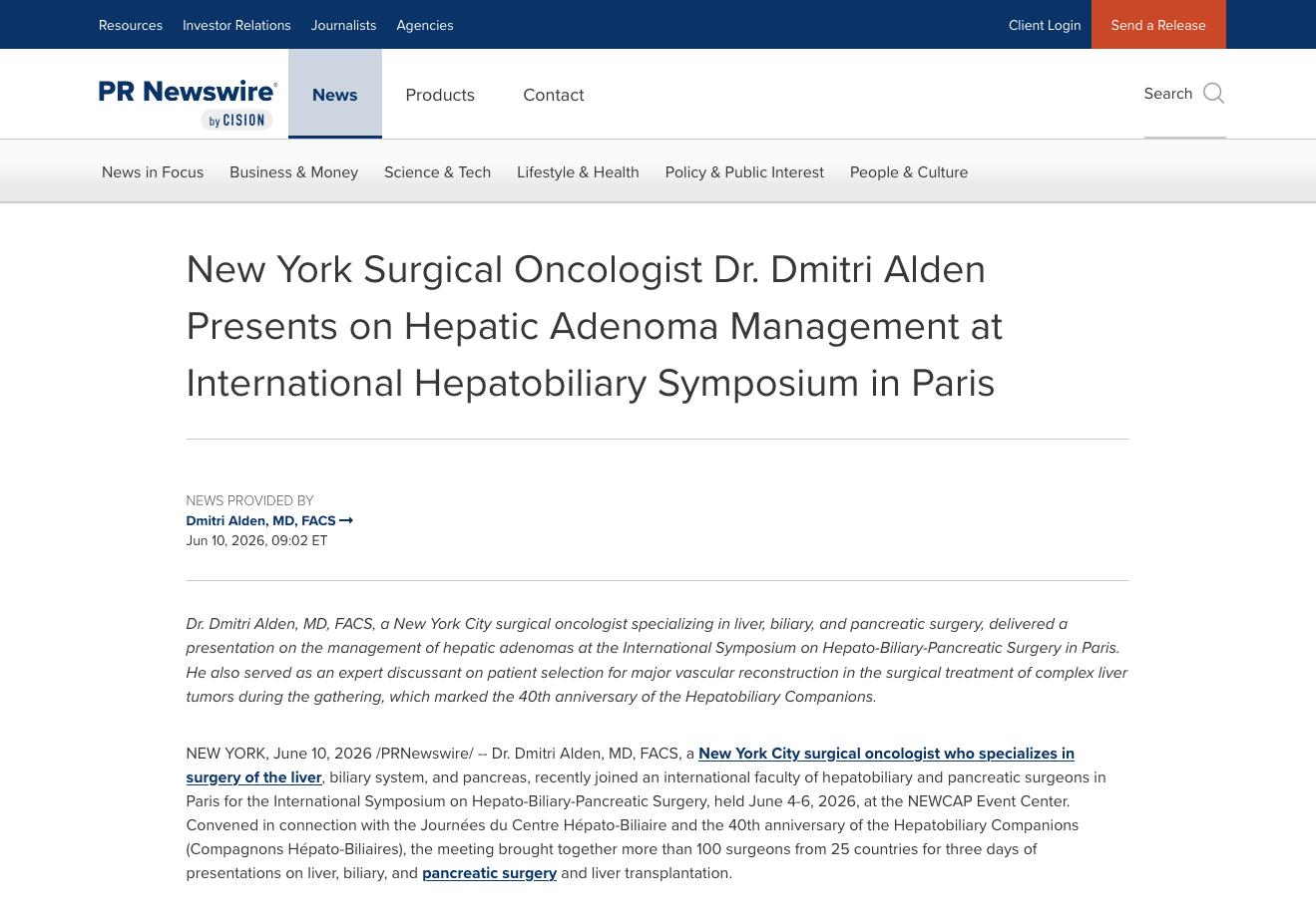 screenshot of the article titled: New York Surgical Oncologist Dr. Dmitri Alden Presents on Hepatic Adenoma Management at International Hepatobiliary Symposium in Paris